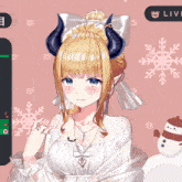 a girl with horns and a bow in her hair is standing in front of a snowflake background and a live button