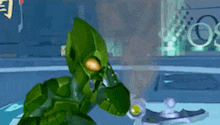 a green cartoon character is holding a sword in a room