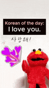 elmo is holding a balloon that says korean of the day i love you