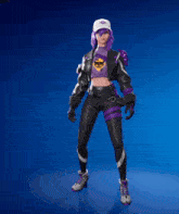 a girl with purple hair is wearing a hat and a purple shirt