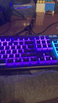 a keyboard is lit up in blue and purple with the shift key in the middle