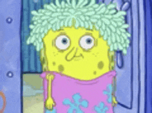 a cartoon of spongebob wearing a pink and blue dress and a wig .