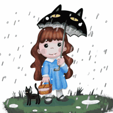 raining cat umbrella renelopezart chibi