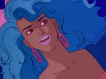 a cartoon of a woman with blue hair and pink earrings