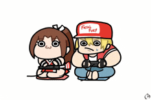 a man and a woman are playing a video game and the man has a fatal fury hat on