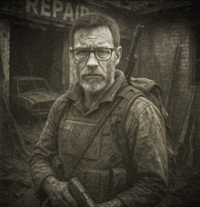 a man holding a gun stands in front of a sign that says repair