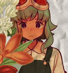 a girl wearing overalls and goggles holds a bouquet of flowers