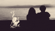 a man and a woman are looking at a fire on the shore of a lake