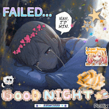 a picture of a girl crying with the words failed nah i 'd win and good night