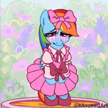 rainbow dash is wearing a pink dress and bow and crying