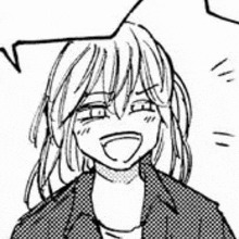 a black and white drawing of a girl laughing with a speech bubble above her head .