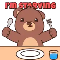 a cartoon of a teddy bear holding a spoon and fork with the words i 'm starving behind him