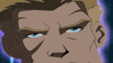 a close up of a cartoon character 's face with a purple background