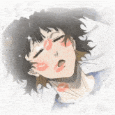 a close up of a person with a kiss on their cheek