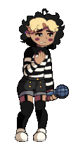 a cartoon character with pink and blue hair is holding a microphone