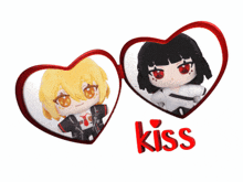 a couple of stuffed animals in heart shaped frames with the word kiss below them