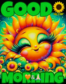 a colorful sun with long eyelashes is smiling and surrounded by sunflowers and the words `` good morning '' .