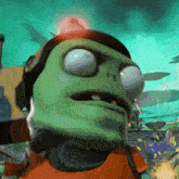 a cartoon character is wearing a helmet and looking at something