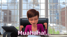 a cartoon woman is sitting at a desk with the words muahaha on the bottom