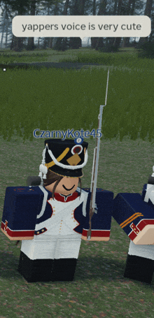 a soldier in a video game has a speech bubble that says " yappers voice is very cute "