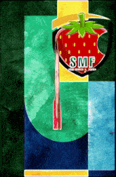 a picture of a strawberry with smf written on it