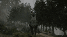 a dinosaur is standing in the middle of a foggy forest .