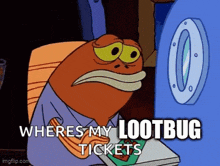 a cartoon character from spongebob squarepants is holding a book with the words where 's my lootbug tickets