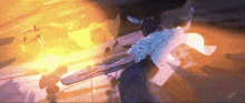 a cartoon character is holding a sword in front of a large fire .
