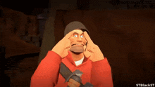 a man in a red jacket is holding a gun and making a face