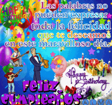 a birthday card with a man playing a saxophone and a cake