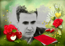 a picture of a man surrounded by apples roses and an envelope