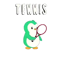 a penguin holding a tennis racket and a tennis ball