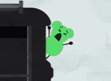 a green cartoon character with a stick and a mouth is standing in front of a black object