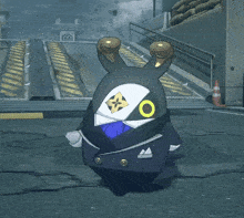 a cartoon character in a suit with a blue circle in the middle