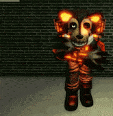 a cartoon character is standing in front of a brick wall with glowing eyes