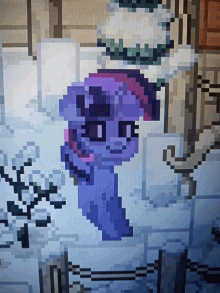 a pixel art drawing of a purple pony with a pink nose
