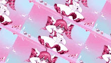 a repeating pattern of a girl with horns is on a pink and blue background