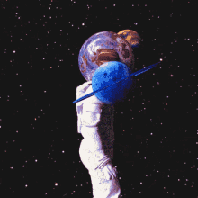 a cartoon of an astronaut holding a planet in his hand