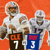 a collage of two football players with one holding a sign that says " cle 7 vs 3 "