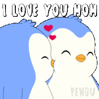 a couple of penguins kissing with the words i love you mom
