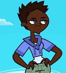 a cartoon character with his hands on his hips is wearing a blue shirt