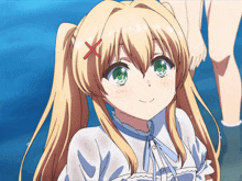 a blonde anime girl with green eyes and a red cross on her forehead