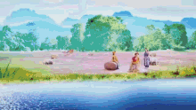 a painting of two people sitting on rocks by a lake