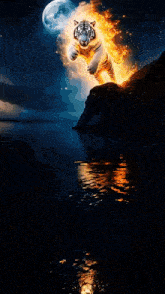a tiger is jumping over a body of water with a lightning bolt in the background