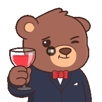a teddy bear wearing a suit and bow tie holds a glass of wine