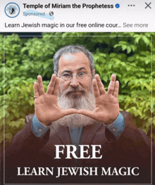 an advertisement for temple of miriam the prophetess shows a man making a circle with his hands