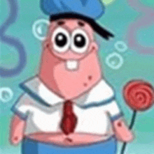 patrick star from spongebob squarepants is wearing a sailor hat and tie while holding a lollipop .