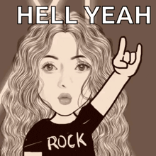 a girl wearing a rock shirt is making a horns sign