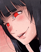 a close up of a cartoon character with red eyes