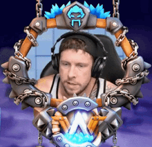 a man wearing headphones is surrounded by chains and a shield